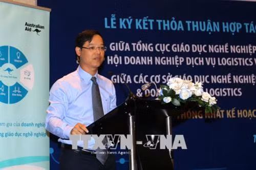 Tiến sĩ Trương Anh Dũng, Phó Tổng Cục trưởng Tổng cục Giáo dục nghề nghiệp, phát biểu tại lễ ký kết thỏa thuận hợp tác. Ảnh: Thanh Vũ-TTXVN