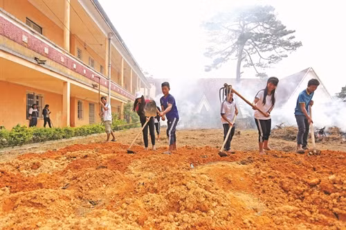 Chuẩn bị đất trồng rau xanh - một hoạt động ngoại khóa của học sinh trong trường