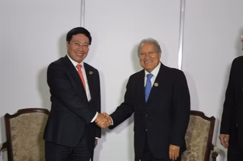 Phó Thủ tướng Phạm Bình Minh hội kiến Tổng thống El Salvador Sanchez Cerén. Ảnh: Lê Vũ Hà- TTXVN