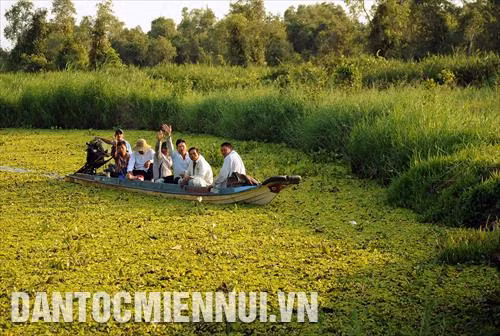 Du khách tham quan trải nghiệm các cảnh quan ngập nước tại vườn Quốc gia U Minh Thượng. Ảnh: An Hiếu