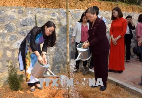 Các đại biểu trồng cây lưu niệm tạo cảnh quan bên Nhà bia di tich lịch sử Hội Liên hiệp phụ nữ Việt Nam. Ảnh: Văn Tý-TTXVN