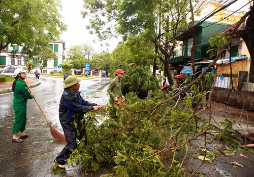 Nhân viên vệ sinh môi trường thành phố Hải Phòng khắc phục hậu quả do bão số 1 gây ra. Ảnh: Lâm Khánh – TTXVN