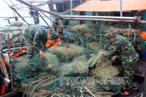 Thu giữ, tiêu hủy bộ bộ lồng bát quái khai thác thủy sản trái phép. Ảnh: Nguyễn Hoàng -TTXVN