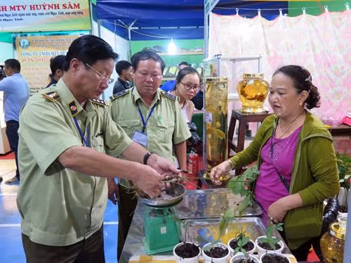 Lực lượng Quản lý thị trường đi kiểm tra hàng hóa bày bán tại hội chợ. Ảnh: Nguyễn Sơn - TTXVN