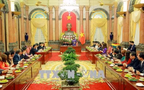 Phó Chủ tịch nước Đặng Thị Ngọc Thịnh phát biểu tại cuộc gặp mặt Đoàn đại biểu Hiệp hội Giáo dục nghề nghiệp và Nghề công tác xã hội Việt Nam. Ảnh: Dương Giang - TTXVN