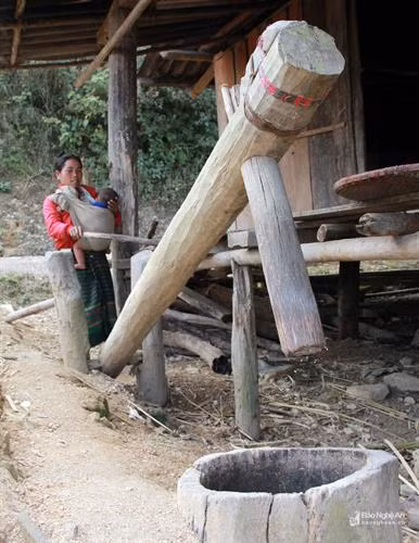 Những chiếc cối giã gạo lớn bằng gỗ vẫn được lưu giữ trong các gia đình vùng cao. Ảnh: Hồ Phương