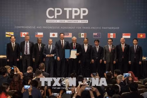 Đại diện các nước tại lễ ký thỏa thuận CPTPP ở Santiago, Chile ngày 8/3. Ảnh: AFP/TTXVN
