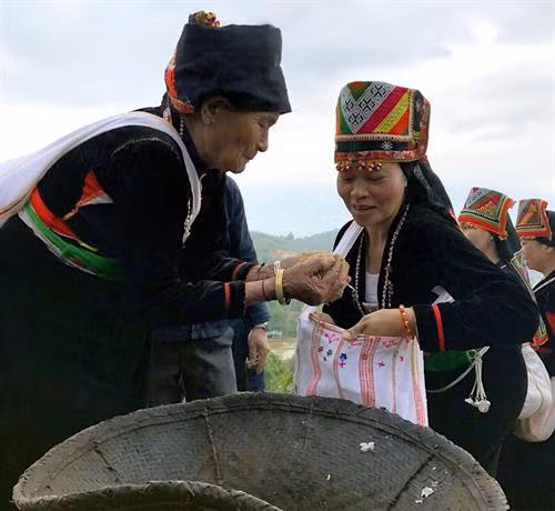 Nghi lễ cúng tổ tiên phù hộ cho mạnh khỏe, mùa màng bội thu. Ảnh: Đỗ Tuấn Anh Thóc giống được đựng trong gùi để chuẩn bị cho lễ chọc lỗ, tra hạt. Ảnh: Đỗ Tuấn Anh Già làng phát thóc giống cho những người trong bản . Ảnh: Đỗ Tuấn Anh Tiết mục múa cá lượn của người Khơ Mú. Ảnh: Đỗ Tuấn Anh Nghi thức tạ ơn trâu, bò đã giúp con người cày cấy, mang lại thóc lúa. Ảnh: Đỗ Tuấn Anh