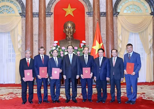 Chiều cùng ngày, tại Phủ Chủ tịch, Bộ Ngoại giao phối hợp với Văn phòng Chủ tịch nước tổ chức Lễ trao quyết định phong hàm Đại sứ bậc Một cho 5 cán bộ ngành ngoại giao. Chủ tịch nước Trần Đại Quang đã trao quyết định phong hàm Đại sứ bậc Một cho các đồng chí: Vũ Việt Anh, Nguyễn Thanh Tân, Vũ Đăng Dũng, Cao Trần Quốc Hải, Trần Xuân Thủy. Ảnh: Nhan Sáng-TTXVN
