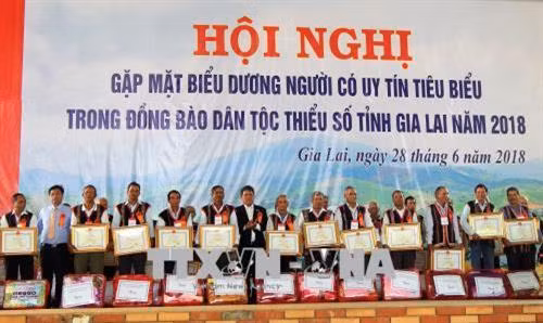 Ủy ban nhân dân tỉnh Gia Lai trao Bằng khen cho 199 người uy tín tiêu biểu trên địa bàn tỉnh. Ảnh: Dư Toán - TTXVN