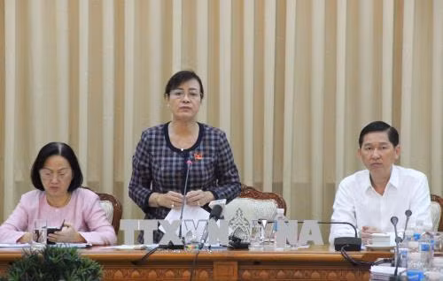 Bà Nguyễn Thị Quyết Tâm, Phó Bí thư Thành ủy, Chủ tịch Hội đồng nhân dân Thành phố Hồ Chí Minh phát biểu tại buổi làm việc. Ảnh: Xuân Dự - TTXVN