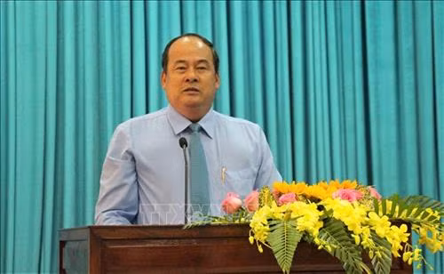 Ông Nguyễn Thanh Bình, Phó Bí Thư Tỉnh ủy, Chủ tịch UBND tỉnh An Giang phát biểu tại Lễ ra mắt Cổng thông tin điện tử Đảng bộ tỉnh An Giang. Ảnh: Thanh Sang – TTXVN
