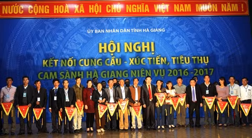 Thường trực Tỉnh ủy, UBND tỉnh Hà Giang trao tặng Cờ lưu niệm cho các hộ tham gia Hội thi cam sành Hà Giang. Ảnh: Minh Tâm-TTXVN.