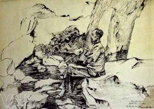 Tác phẩm “Bác Hồ làm thơ ở Pác Bó” (30/11/1969 – họa sĩ Phan Kế An). Ảnh: Báo Ảnh Việt Nam - TTXVN