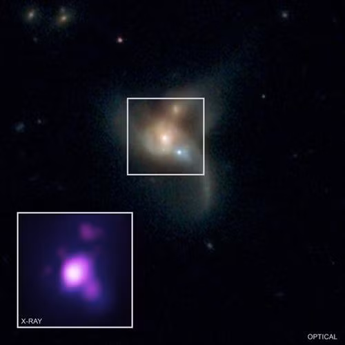 Ảnh chụp và ảnh X-quang của 3 hố đen ở tâm vụ va chạm giữa 3 thiên hà. Ảnh: jpl.nasa.gov