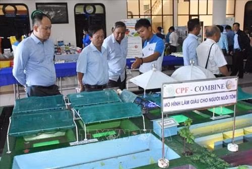 Các đại biểu tham quan các gian hàng phụ trợ phát triển ngành tôm. Ảnh: Huỳnh Sử- TTXVN