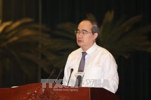 Đồng chí Nguyễn Thiện Nhân, Ủy viên Bộ Chính trị, Bí thư Thành uỷ Thành phố Hồ Chí Minh phát biểu khai mạc hội nghị. Ảnh: Thanh Vũ-TTXVN