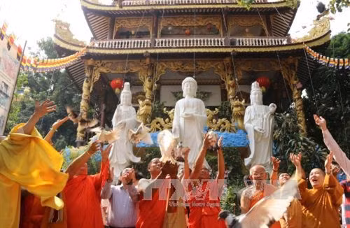 Chư tăng Lào – Việt Nam cùng Phật tử và bà con đã cùng nhau thực hiện nghi thức phóng sinh nhằm thể hiện ước muốn được chung sống trong hòa bình cùng xây dựng và phát triển quê hương đất nước. Ảnh: Phạm Kiên – TTXVN