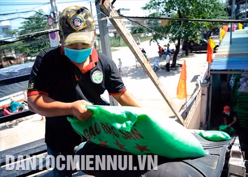 Các tình nguyện viên vận chuyển gạo bằng băng chuyền để bỏ vào thùng gạo của máy "ATM gạo"