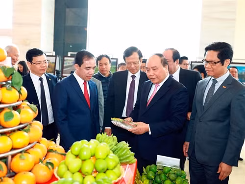 Thủ tướng Nguyễn Xuân Phúc thăm các gian hàng trưng bày, giới thiệu sản phẩm. Ảnh: Thống Nhất – TTXVN