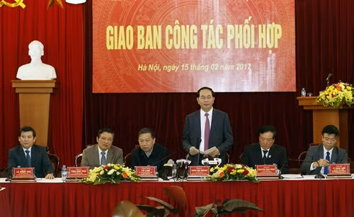 Chủ tịch nước Trần Đại Quang, Trưởng Ban Chỉ đạo Cải cách Tư pháp Trung ương phát biểu chỉ đạo tại hội nghị Giao ban công tác phối hợp của liên ngành Tư pháp Trung ương-Nội chính. Ảnh: Nhan Sáng-TTXVN