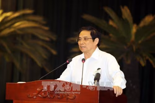 Đồng chí Phạm Minh Chính phát biểu tại hội nghị. Ảnh: Thanh Vũ-TTXVN