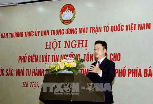 Trưởng Ban Tôn giáo Uỷ ban Trung ương MTTQ Việt Nam Nguyễn Văn Thanh phát biểu tại hội nghị. Ảnh: Nguyễn Dân -TTXVN