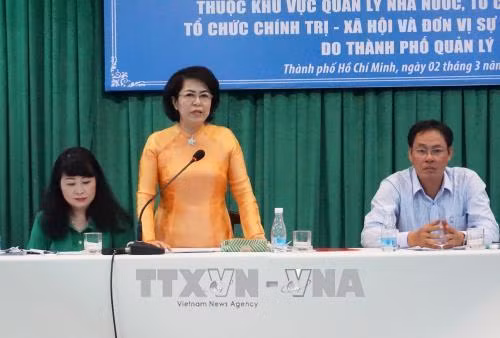 Bà Tô Thị Bích Châu, Chủ tịch Ủy ban MTTQ Việt Nam Thành phố Hồ Chí Minh phát biểu tại Hội nghị. Ảnh: Thu Hoài – TTXVN