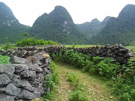 Đường đi quanh làng được người dân dùng đá để làm hàng rào hai bên.