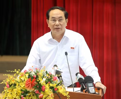 Chủ tịch nước Trần Đại Quang phát biểu tại buổi tiếp xúc với các cử tri. Ảnh: Nhan Sáng-TTXVN