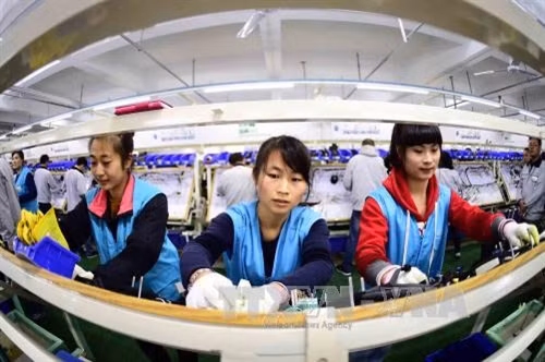 Công nhân làm việc tại nhà máy ở Rushan, tỉnh Sơn Đông, miền đông Trung Quốc ngày 12/11/2015. THX/TTXVN