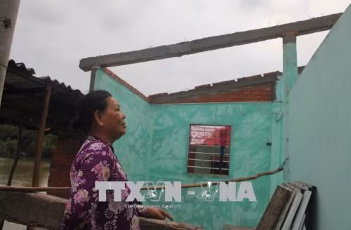 Bà Huỳnh Ngọc Lượm (xã Thủy Tây, Thạnh Hóa, Long An) tiếc nuối nhìn ngôi nhà của mình đang bị hư hỏng nghiêm trọng, chờ ngày đổ sập. Ảnh: Bùi Như Trường Giang-TTXVN
