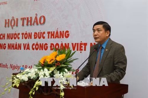 Tiến sĩ Bùi Văn Cường, Ủy viên Trung ương Đảng, Chủ tịch Tổng Liên đoàn Lao động Việt Nam phát biểu. Ảnh: Thanh Vũ – TTXVN