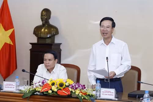 Đồng chí Võ Văn Thưởng, Ủy viên Bộ Chính trị, Bí thư Trung ương Đảng, Trưởng Ban Tuyên giáo Trung ương phát biểu tại buổi làm việc. Ảnh: An Đăng - TTXVN