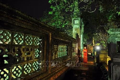 Đền thờ Vua Đinh Tiên Hoàng (Đinh Bộ Lĩnh) mang nét cổ kính trầm mặc vào buổi đêm. Ảnh: Minh Đức - TTXVN
