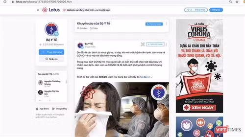 Giao diện trang thông tin của Bộ Y tế trên mạng xã hội. Ảnh: viettimes.vn