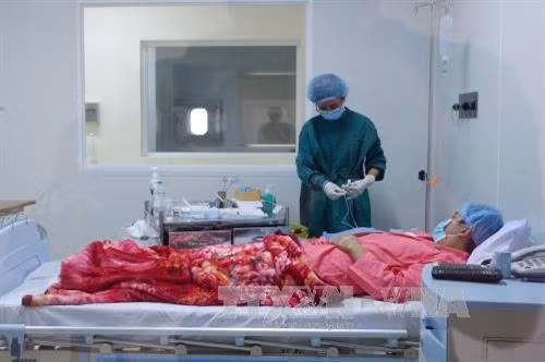 Các bác sĩ thực hiện ghép tế bào gốc máu ngoại vi tự than cho anh Dương Văn Quang. Ảnh: Phương Vy-TTXVN