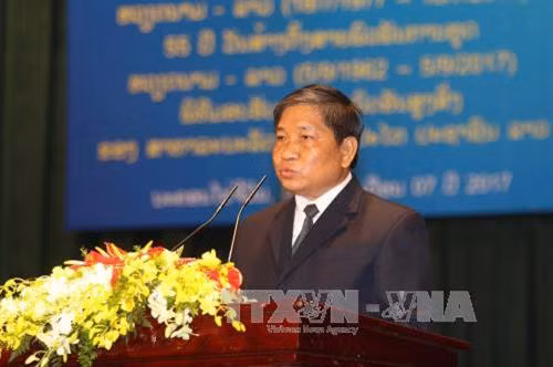 Đồng chí Xổm-xay Xa-na-muộn, Tổng Lãnh sự nước Cộng hòa Dân chủ Nhân dân Lào tại Thành phố Hồ Chí Minh, đọc diễn văn tại lễ kỷ niệm. Ảnh: Thanh Vũ-TTXVN
