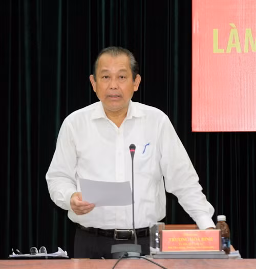 Phó Thủ tướng Thường trực Chính phủ Trương Hòa Bình phát biểu tại buổi làm việc. Ảnh: Thanh Vũ-TTXVN