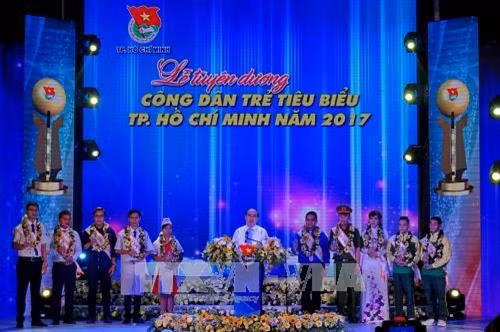 Ủy viên Bộ Chính trị, Bí thư Thành ủy Thành phố Hồ Chí Minh Nguyễn Thiện Nhân phát biểu tại buổi lễ. Ảnh: Thế Anh-TTXVN