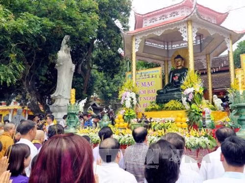 Các tăng ni, phật tử dâng hương Phật ngọc hòa bình thế giới . Ảnh Thu Hằng- TTXVN
