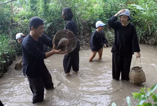 Du khách tham gia hoạt động be mương tát cá. Ảnh: Thanh Vũ -TTXVN