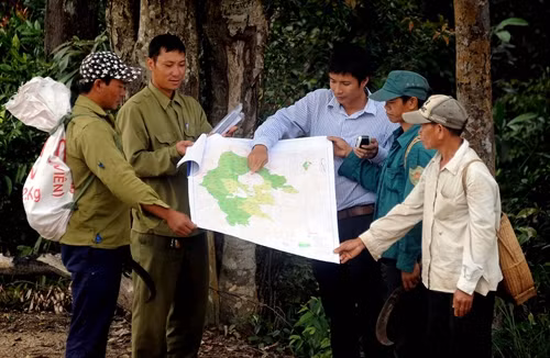 Cán bộ Ban Quản lý rừng phòng hộ Vân Canh đối chiếu trên bản đồ và thực tế giao khoán diện tích rừng cho các hộ dân tham gia quản lý, chăm sóc bảo vệ.