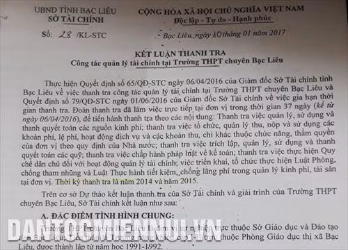 Kết luận thanh tra công tác quản lý tài chính tại Trường THPT chuyên Bạc Liêu