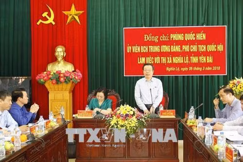 Đồng chí Phùng Quốc Hiển phát biểu tại buổi làm việc với lãnh đạo tỉnh Yên Bái. Ảnh: Đỗ Tuấn Anh-TTXVN