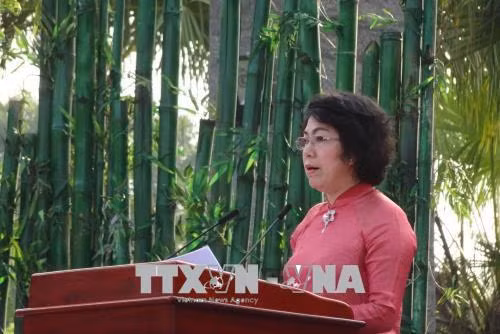 Chủ tịch UBMTTQVN Thành phố Hồ Chí Minh Tô Thị Bích Châu đọc diễn văn tại Lễ Giỗ tổ Hùng Vương năm 2018. Ảnh: Thế Anh-TTXVN
