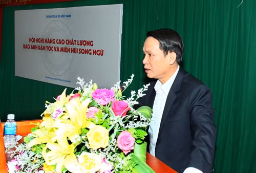 Đồng chí Nguyễn Đức Lợi, Ủy viên Trung ương Đảng, Tổng Giám đốc Thông tấn xã Việt Nam phát biểu tại hội nghị.