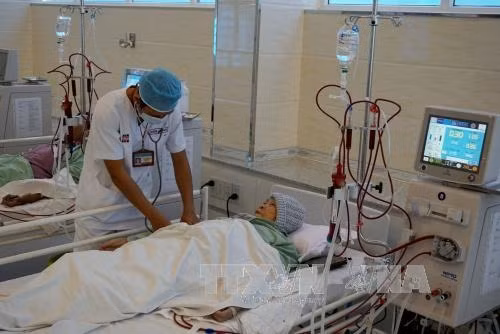 Bệnh nhân mắc bệnh thận mãn tính lọc máu kỹ thuật cao theo tiêu chuẩn Nhật Bản tại Trung tâm Lọc máu kỹ thuật cao Bệnh viện Nguyễn Tri Phương. Ảnh: Phương Vy-TTXVN.