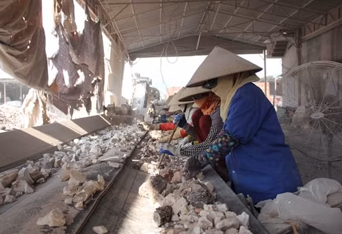 Hoạt động phân loại chất lượng vôi của người lao động dọc băng tải chuyền.