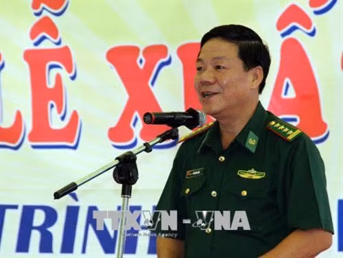 Đại tá Văn Ngọc Quế, Phó Chủ nhiệm Chính trị Bộ đội Biên phòng phát biểu tại Lễ xuất quân. Ảnh: Diệp Anh - TTXVN